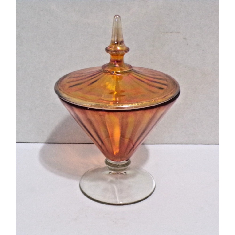 Vintage Lancaster Glass "Aztec" Maigold Carnival Footed Ribbed Glass Jar w/Lid